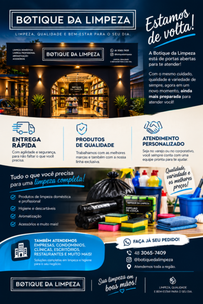 A Botique da Limpeza é uma loja especializada em produtos e soluções para limpeza residencial, comercial e profissional.